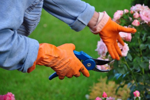 Gardener carrying out safe outdoor work with protective equipment